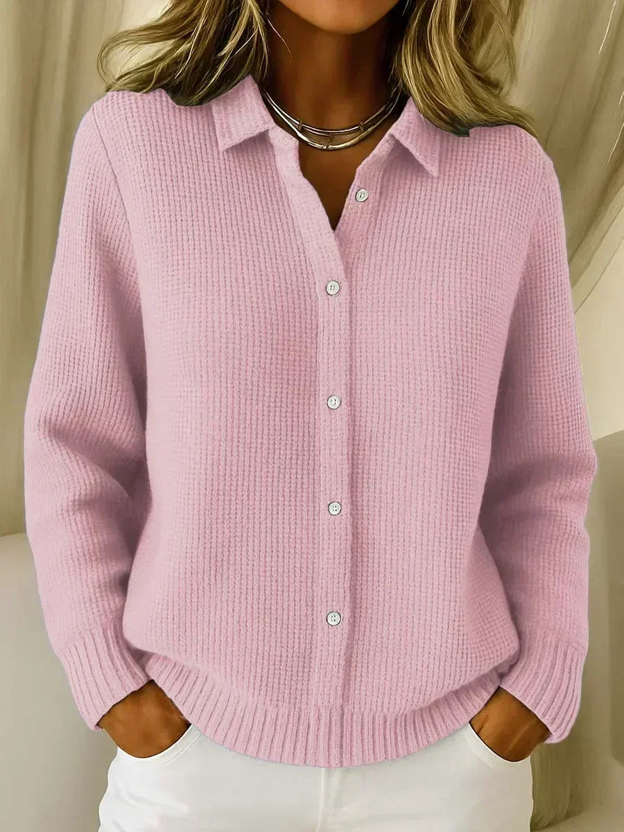 Women's Button-Up Cardigan with Collar, Long Sleeve and Ribbed Hem