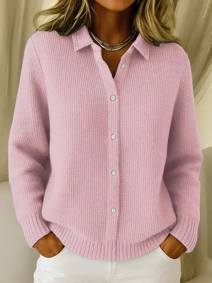 Women's Button-Up Cardigan with Collar, Long Sleeve and Ribbed Hem