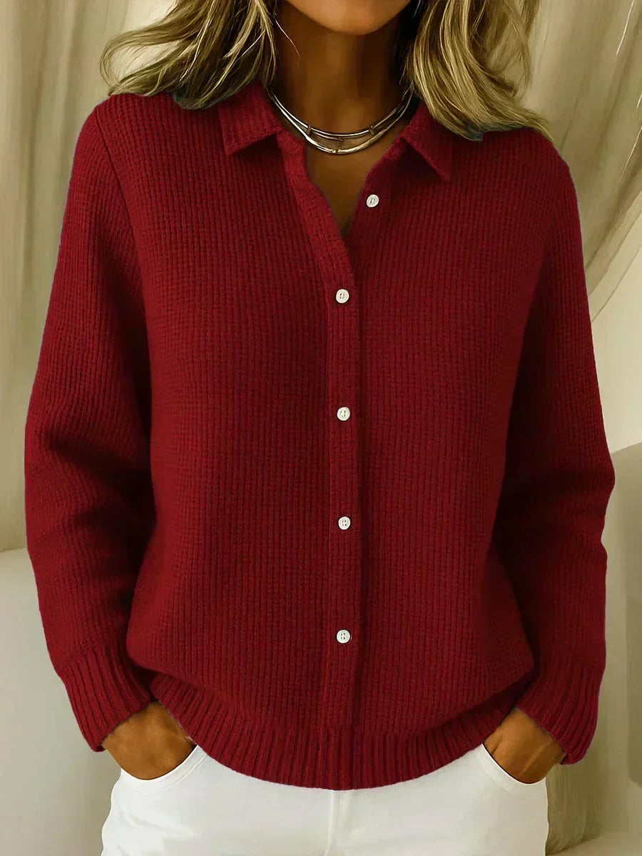 Women's Button-Up Cardigan with Collar, Long Sleeve and Ribbed Hem