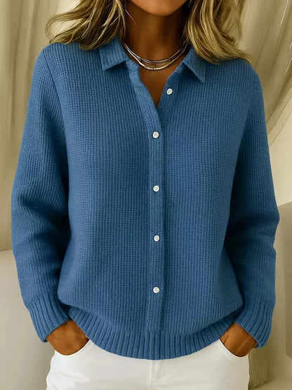 Women's Button-Up Cardigan with Collar, Long Sleeve and Ribbed Hem