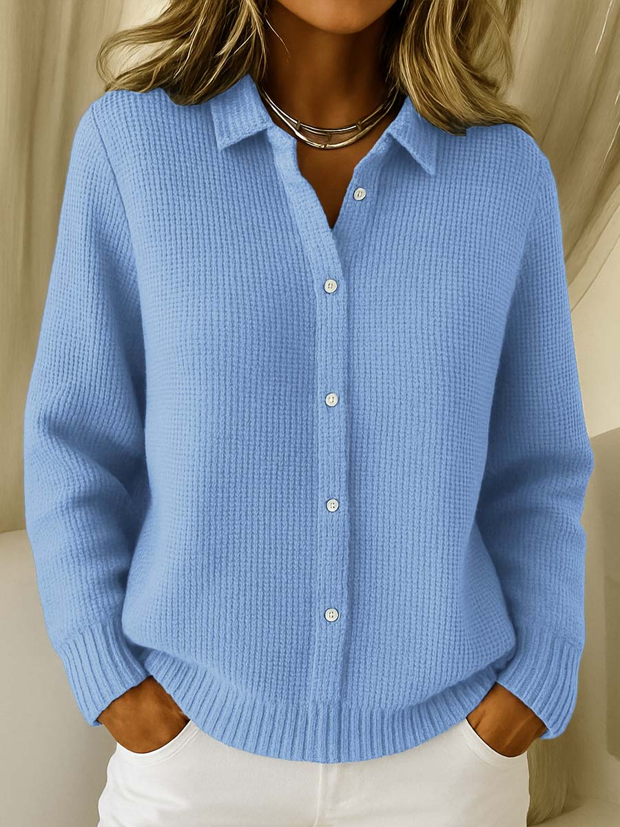 Women's Button-Up Cardigan with Collar, Long Sleeve and Ribbed Hem