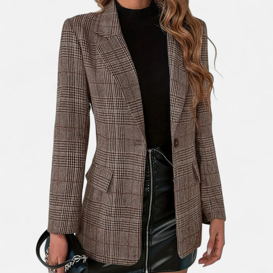 Women’s Checkered Blazer with Long Sleeves, Single-Breasted and Lapels - 1