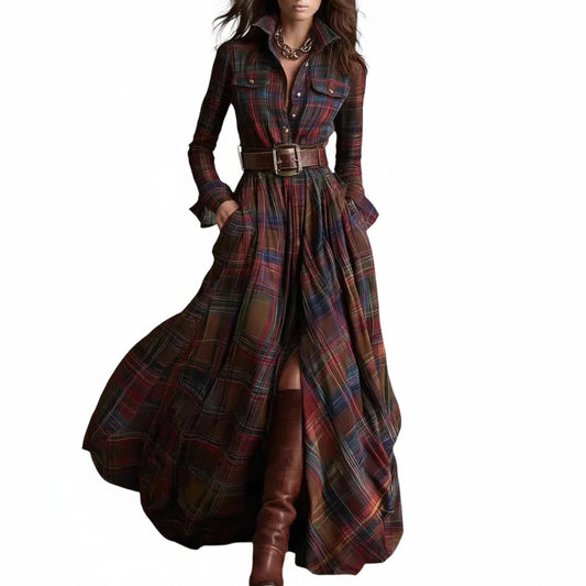 Women’s Checkered Maxi Dress with Long Sleeves, Shirt Collar and Belt - 1
