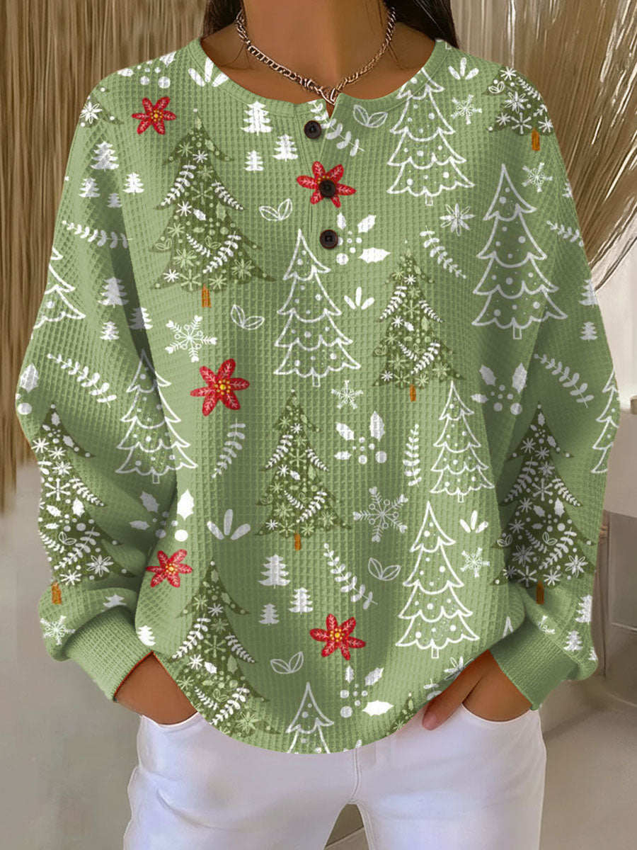 Women's Christmas Sweater with Henley Neckline and Button Placket
