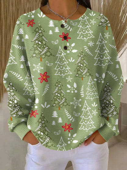 Women's Christmas Sweater with Henley Neckline and Button Placket
