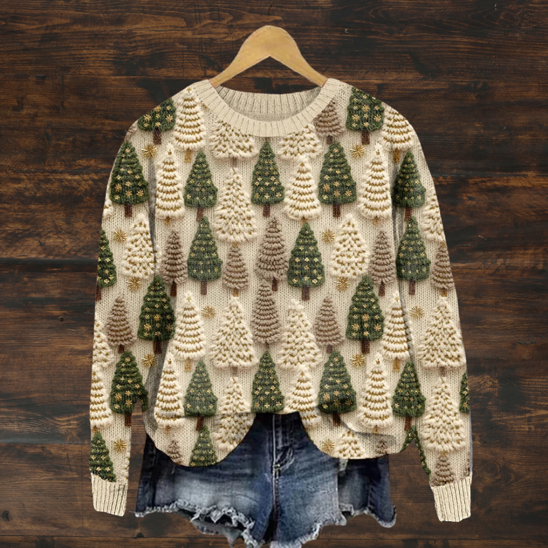 Women's Christmas Sweater with Round Neck and Festive Pattern
