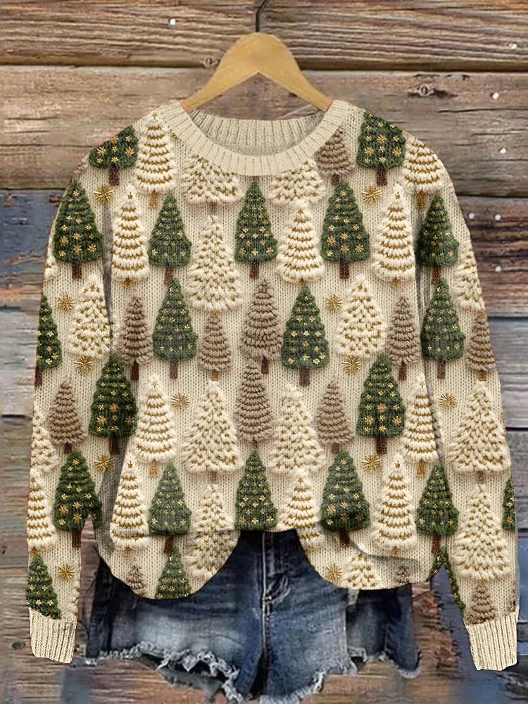 Women's Christmas Sweater with Round Neck and Festive Pattern