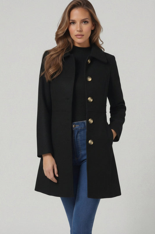 Women's Classic Coat with Shirt Collar and A-Line Silhouette with Buttons - 1