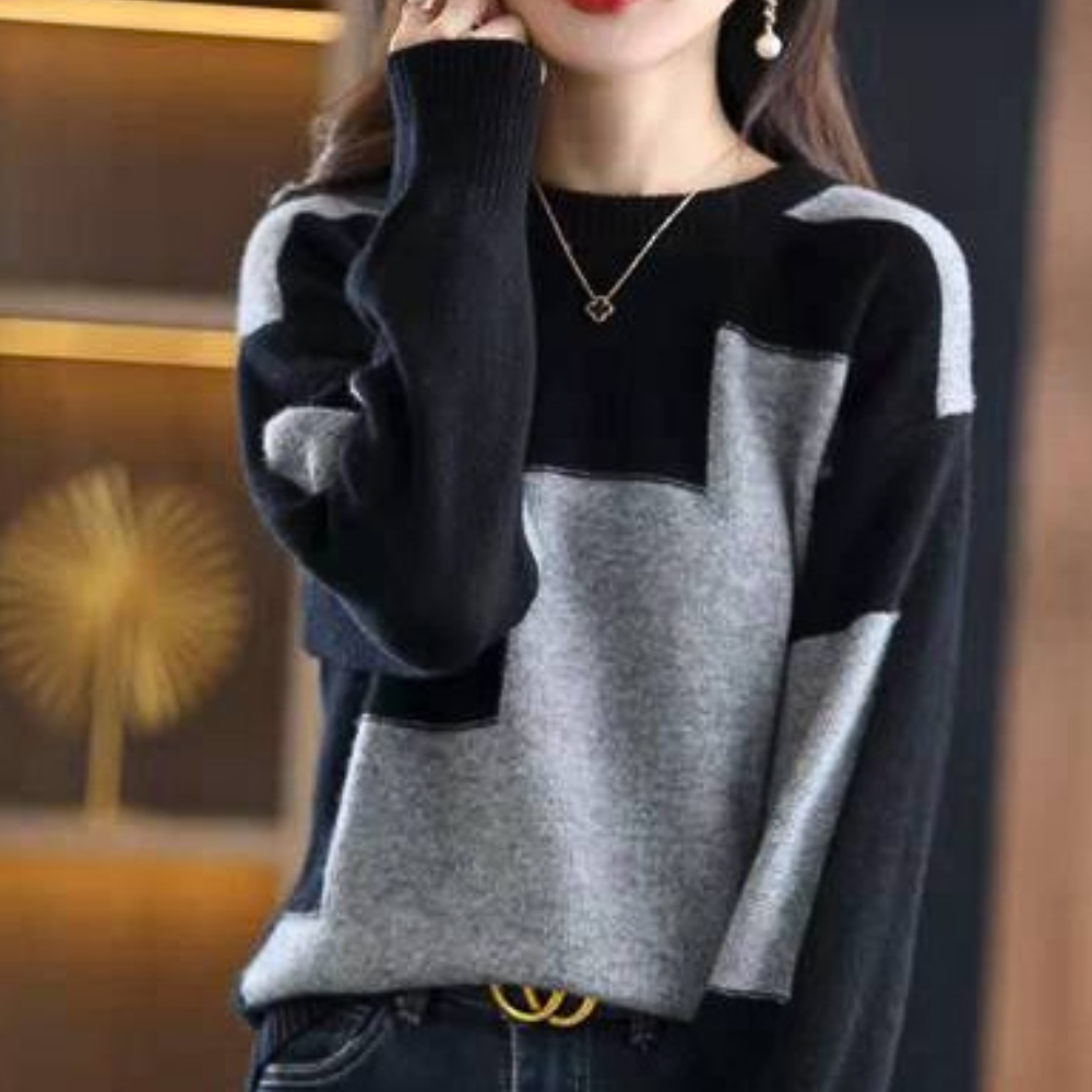 Women's Color Block Round Neck Sweater with Drop Shoulder