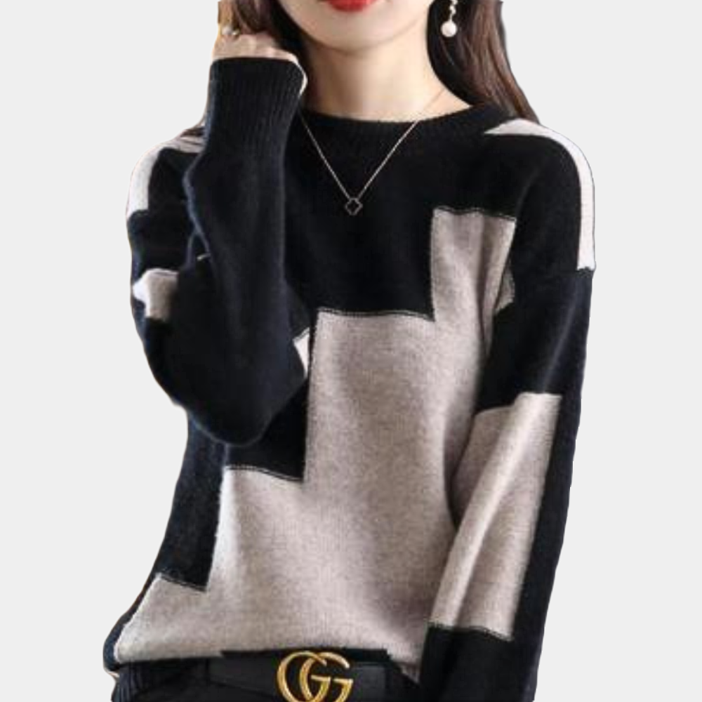 Women's Color Block Round Neck Sweater with Drop Shoulder