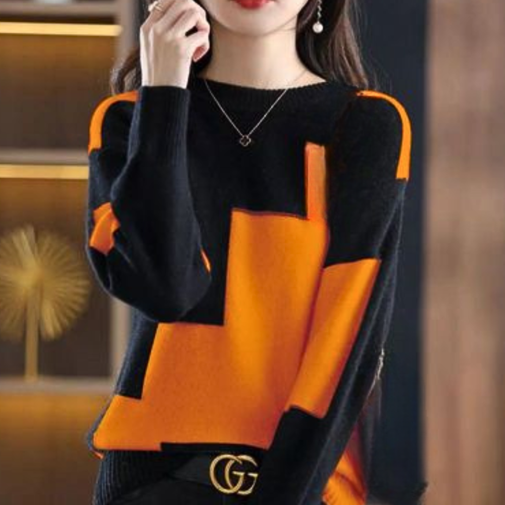 Women's Color Block Round Neck Sweater with Drop Shoulder