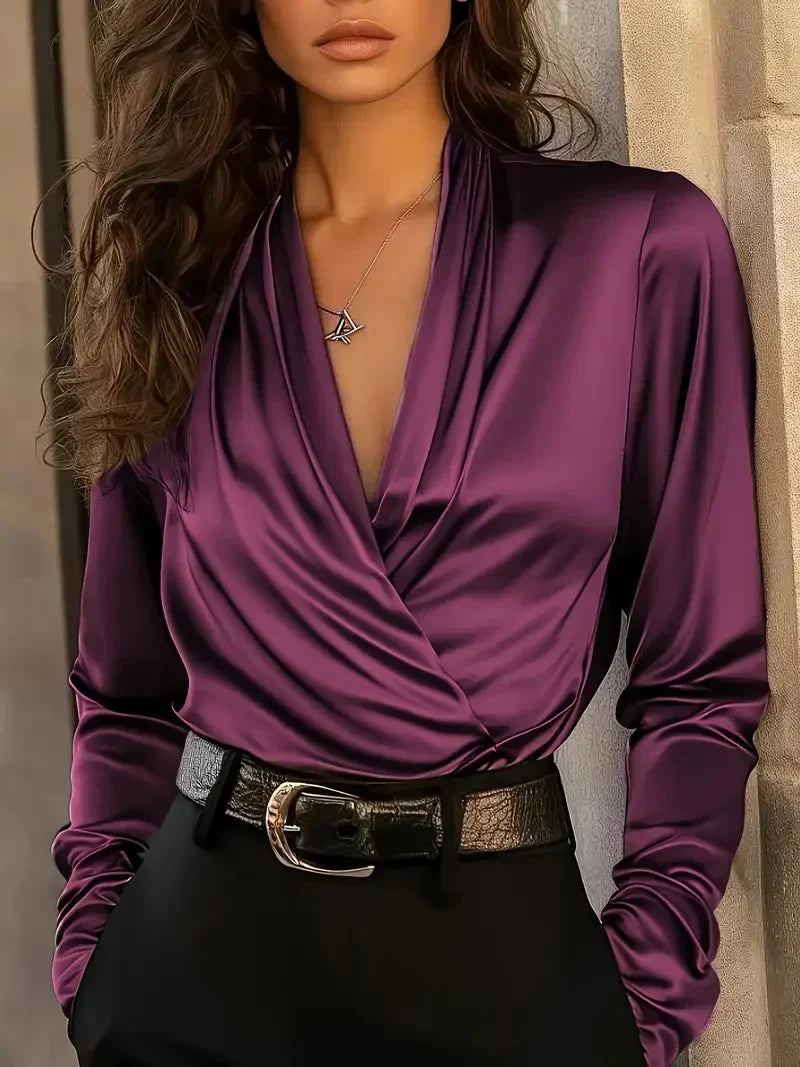 Women's Cowl Neck Wrap Blouse with Long Sleeves