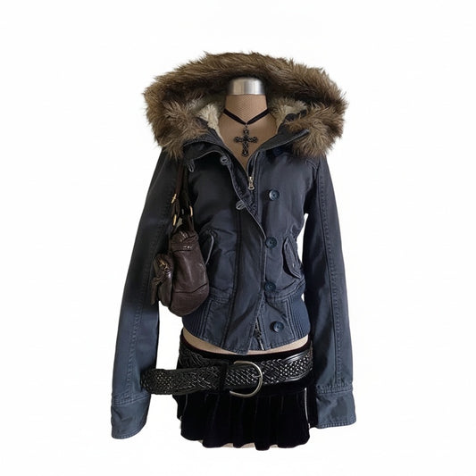 Women's Cropped Bomber Jacket with Hood and Faux Fur Trim
