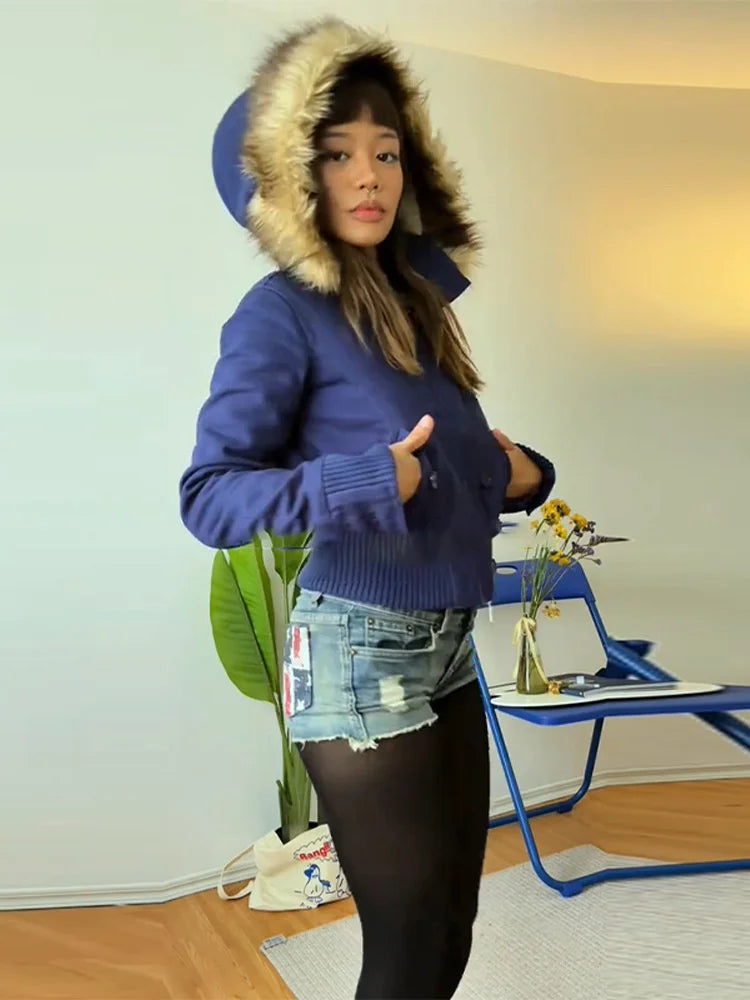 Women's Cropped Bomber Jacket with Hood and Faux Fur Trim