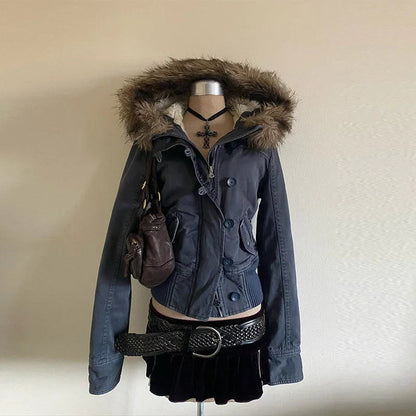 Women's Cropped Bomber Jacket with Hood and Faux Fur Trim