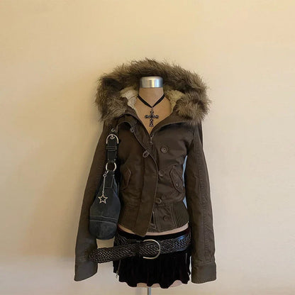 Women's Cropped Bomber Jacket with Hood and Faux Fur Trim