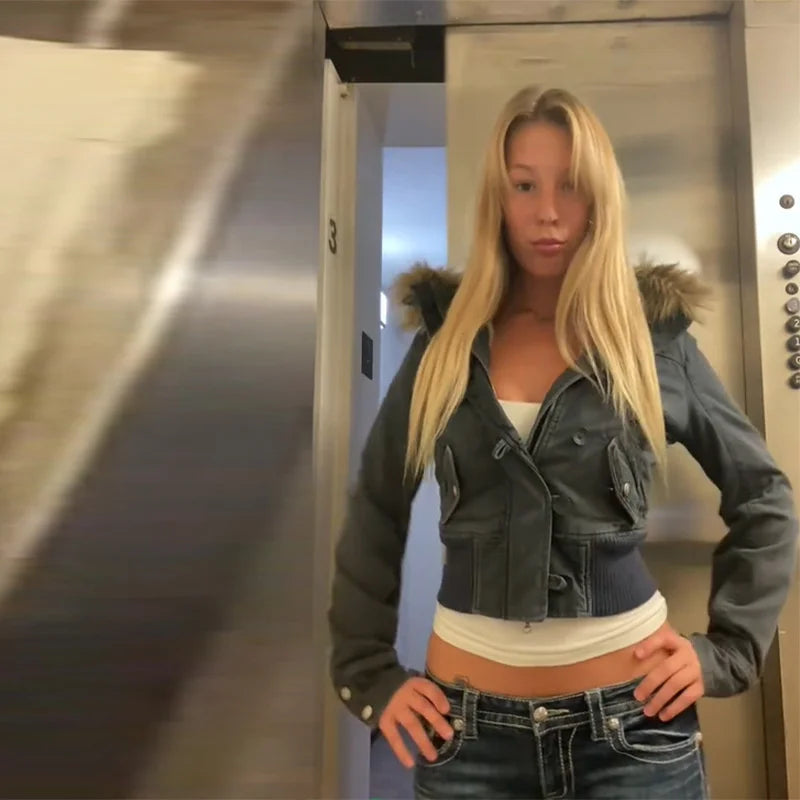 Women's Cropped Bomber Jacket with Hood and Faux Fur Trim
