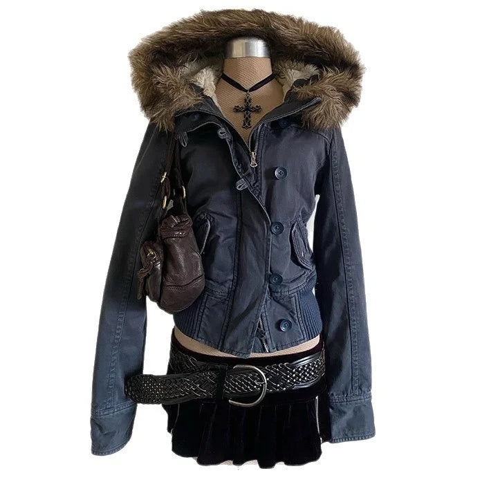 Women's Cropped Bomber Jacket with Hood and Faux Fur Trim