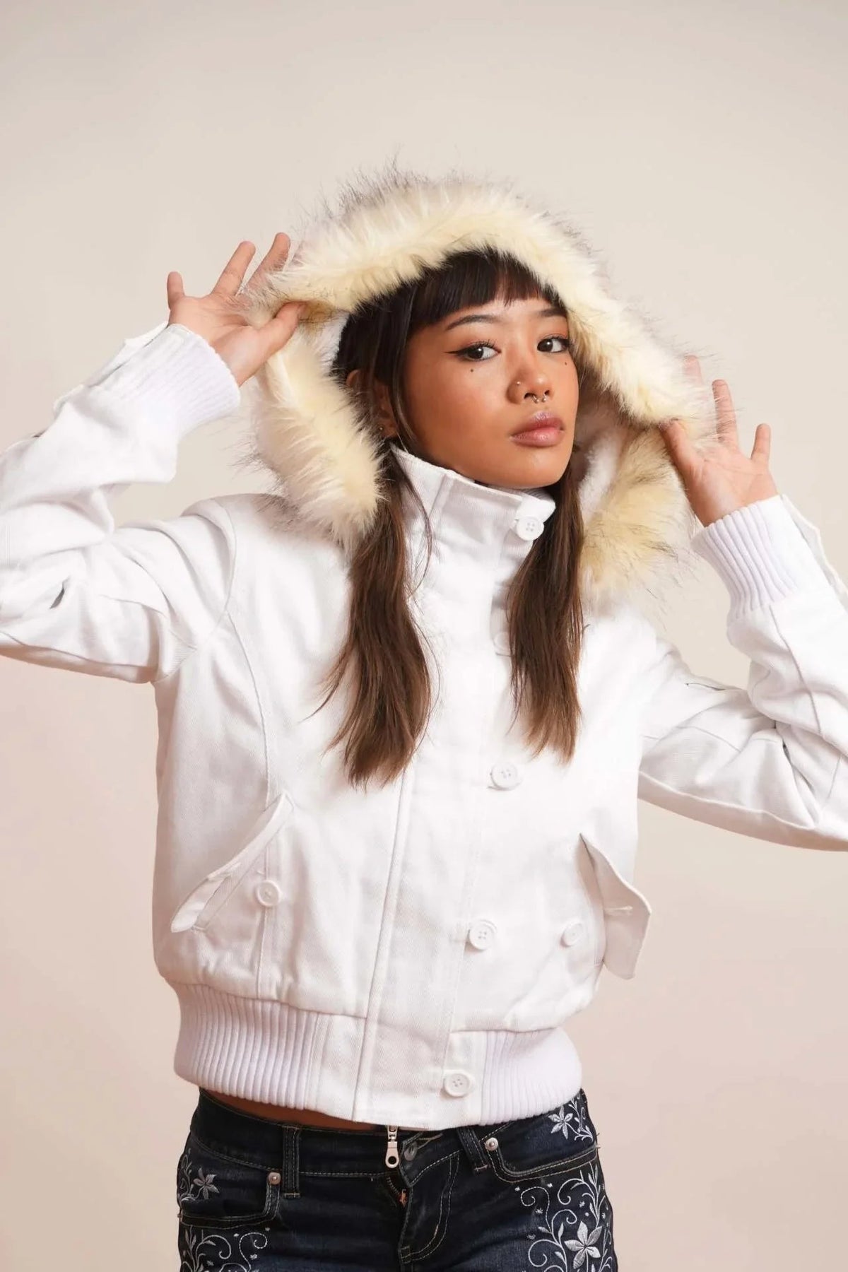 Women's Cropped Bomber Jacket with Hood and Faux Fur Trim