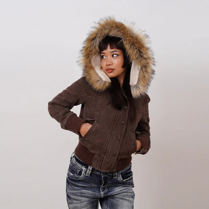 Women's Cropped Bomber Jacket with Hood and Faux Fur Trim