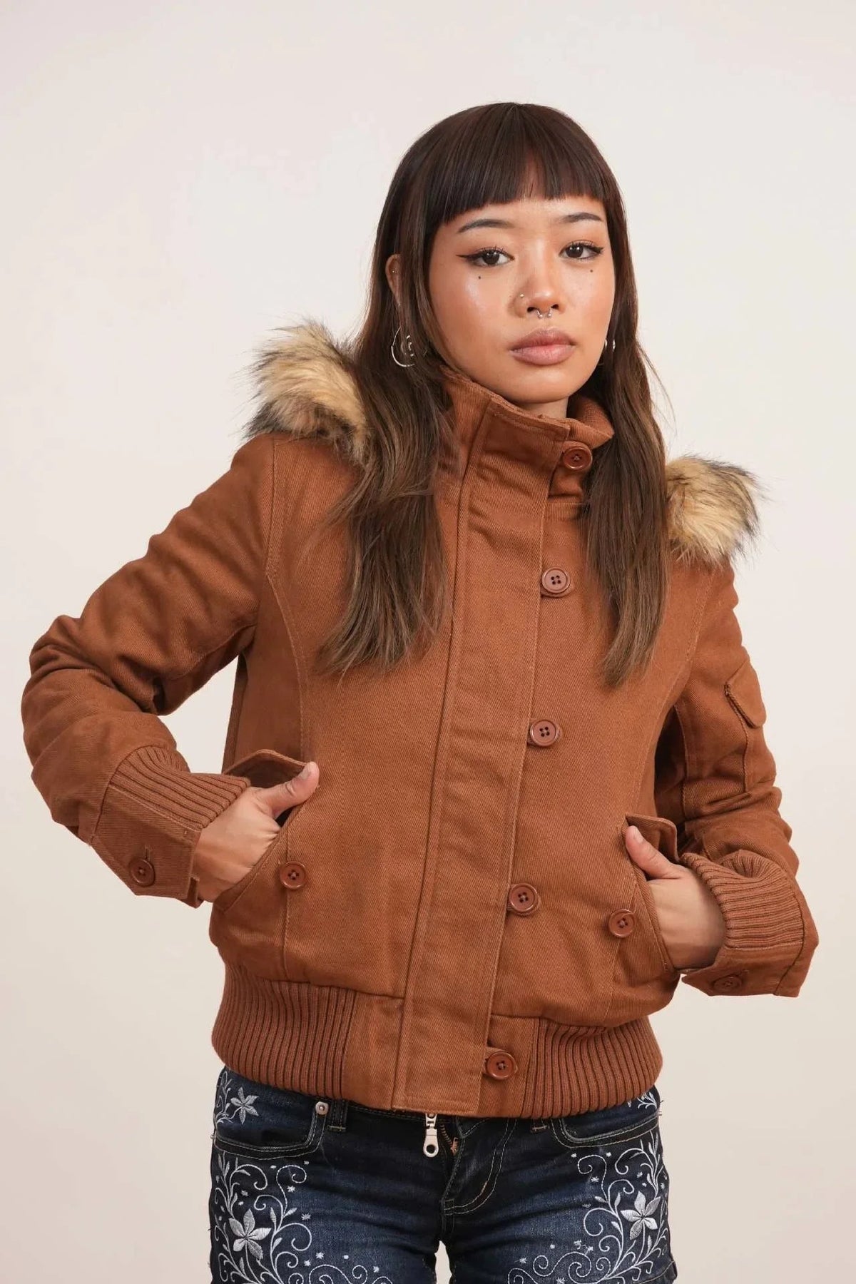 Women's Cropped Bomber Jacket with Hood and Faux Fur Trim