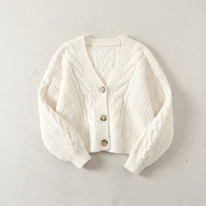 Women's Cropped Cable Knit Cardigan with V-Neck and Button Front