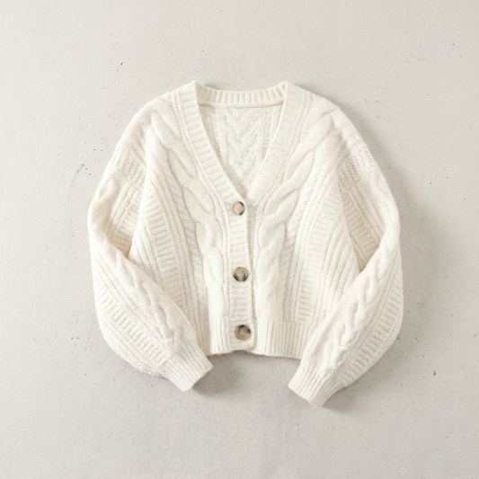 Women's Cropped Cable Knit Cardigan with V-Neck and Button Front