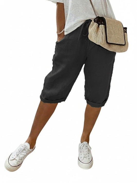 Women's Cropped Pants with Elastic Waist, Side Pockets, and Cuffed Hem - 1