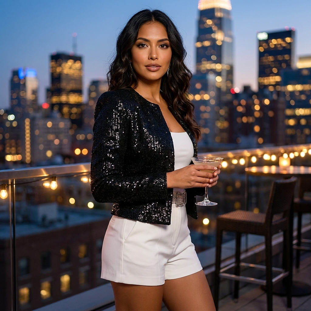 Women's Cropped Sequin Blazer with Open Front and Collarless Neckline