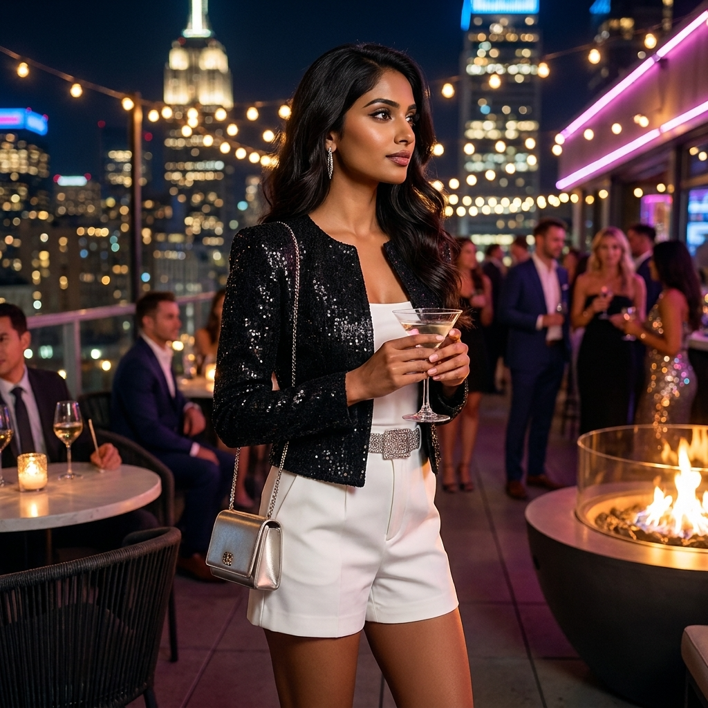 Women's Cropped Sequin Blazer with Open Front and Collarless Neckline