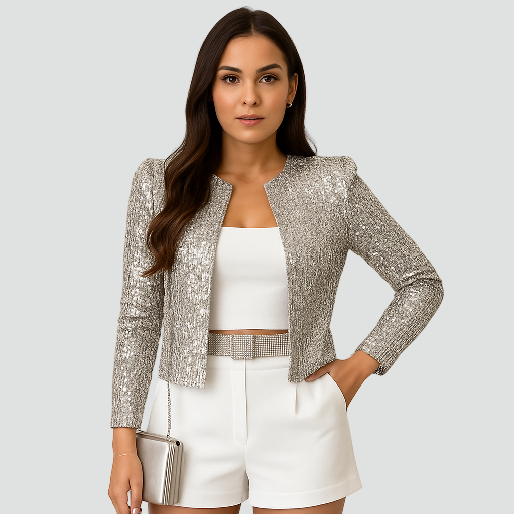 Women's Cropped Sequin Blazer with Open Front and Collarless Neckline