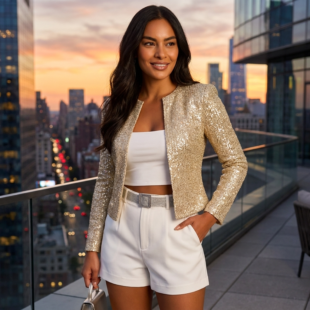 Women's Cropped Sequin Blazer with Open Front and Collarless Neckline