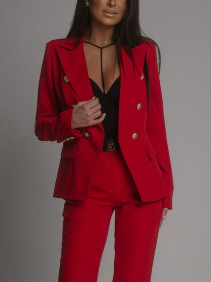 Women's Double-Breasted Blazer and Straight-Leg Trousers Suit Set with Notched Lapels