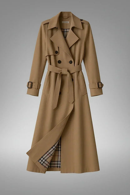 Women's Double-Breasted Trench Coat with Belted Waist and Notch Lapel