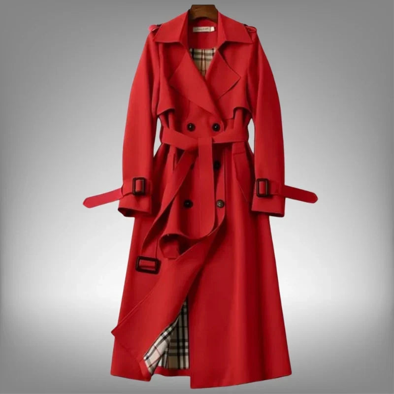 Women's Double-Breasted Trench Coat with Belted Waist and Notch Lapel