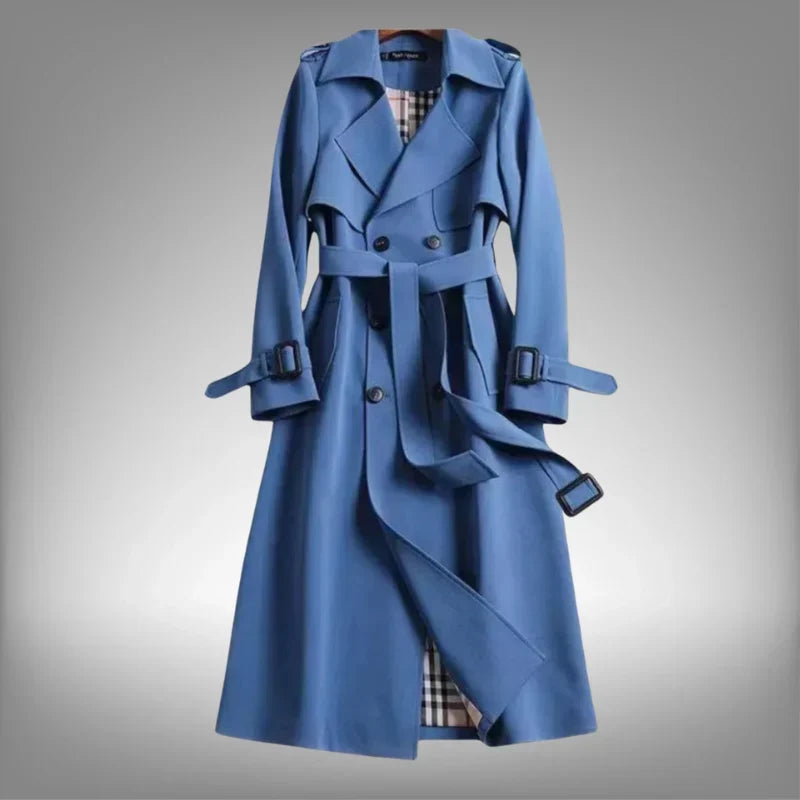 Women's Double-Breasted Trench Coat with Belted Waist and Notch Lapel