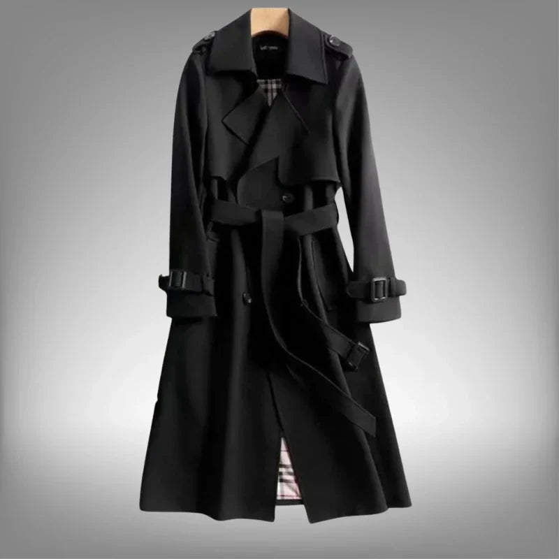 Women's Double-Breasted Trench Coat with Belted Waist and Notch Lapel