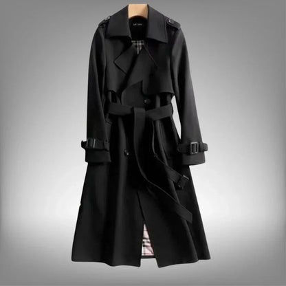 Women's Double-Breasted Trench Coat with Belted Waist and Notch Lapel