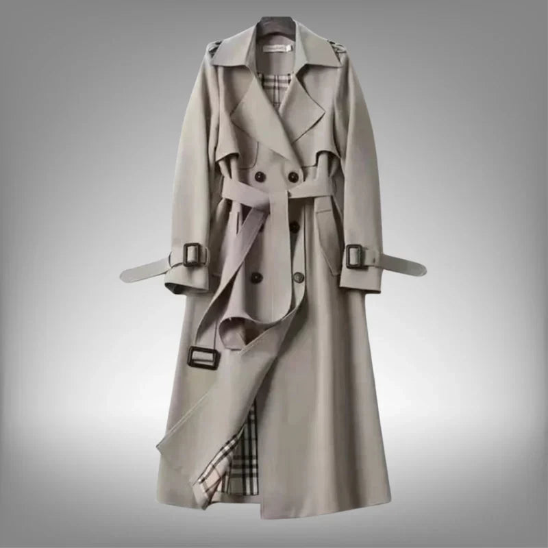 Women's Double-Breasted Trench Coat with Belted Waist and Notch Lapel
