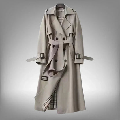 Women's Double-Breasted Trench Coat with Belted Waist and Notch Lapel