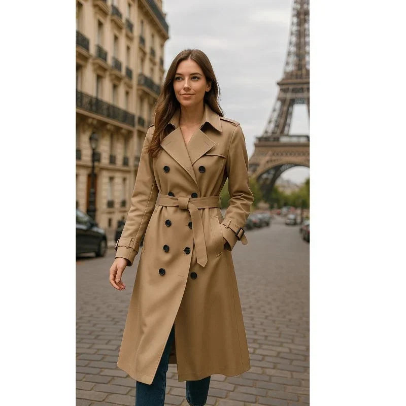 Women's Double-Breasted Trench Coat with Belted Waist and Notch Lapel