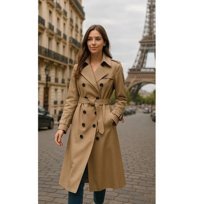 Women's Double-Breasted Trench Coat with Belted Waist and Notch Lapel