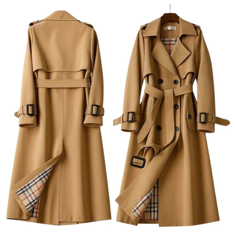 Women's Double-Breasted Trench Coat with Belted Waist and Notch Lapel