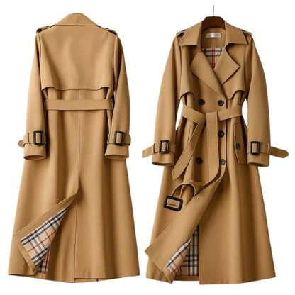 Women's Double-Breasted Trench Coat with Belted Waist and Notch Lapel