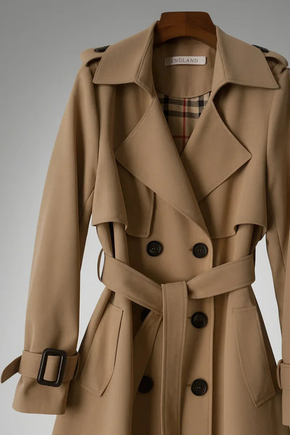 Women's Double-Breasted Trench Coat with Belted Waist and Notch Lapel