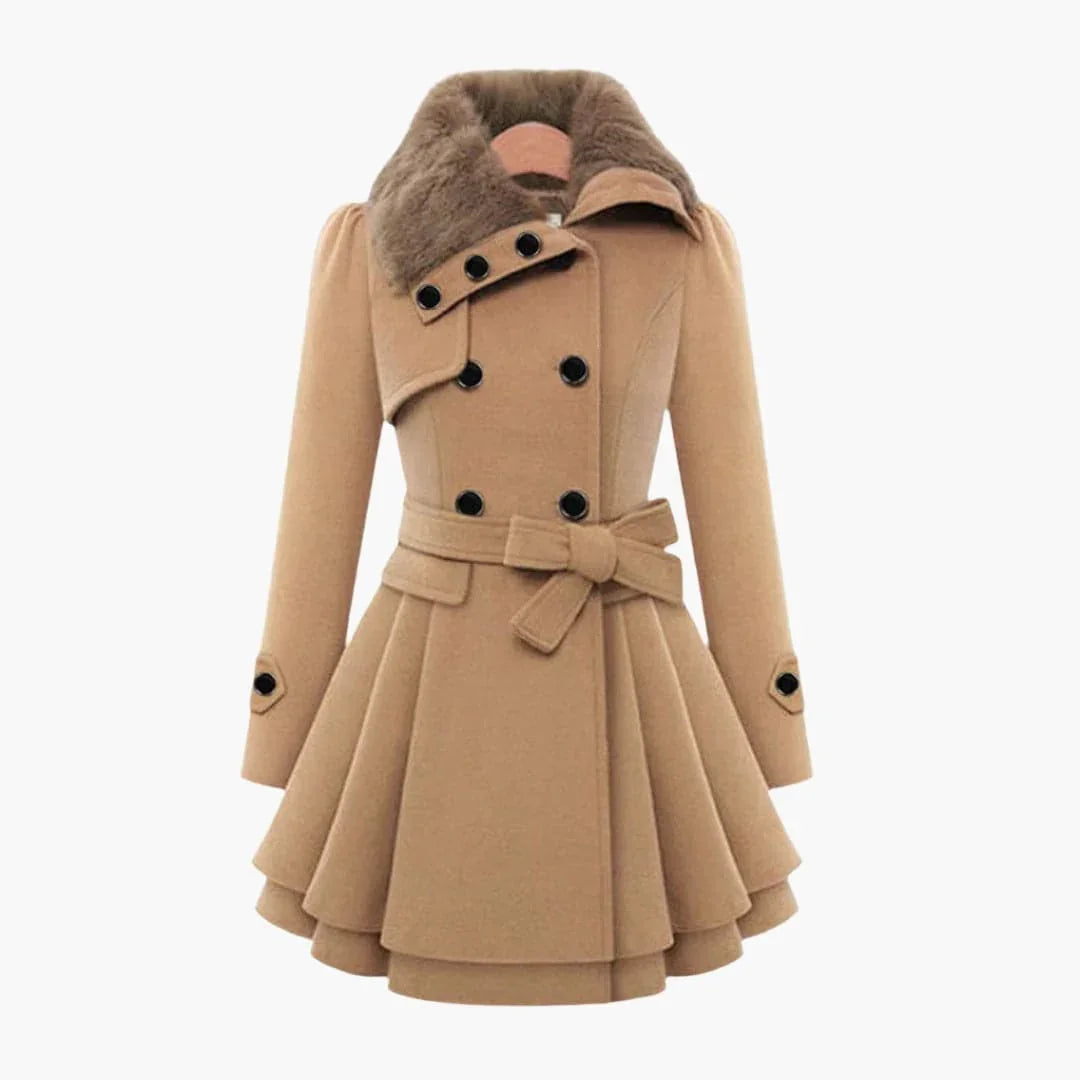 Women's Double-Breasted Winter Coat with Belt, Wide Collar and Flared Hem