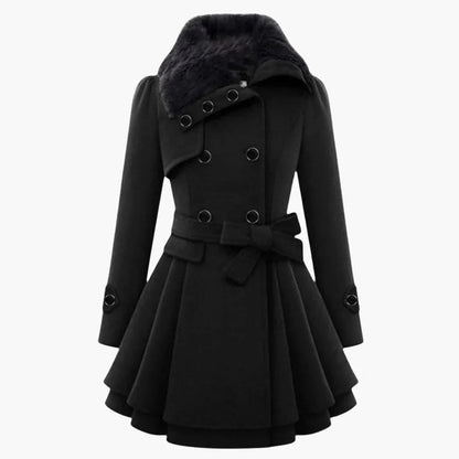 Women's Double-Breasted Winter Coat with Belt, Wide Collar and Flared Hem