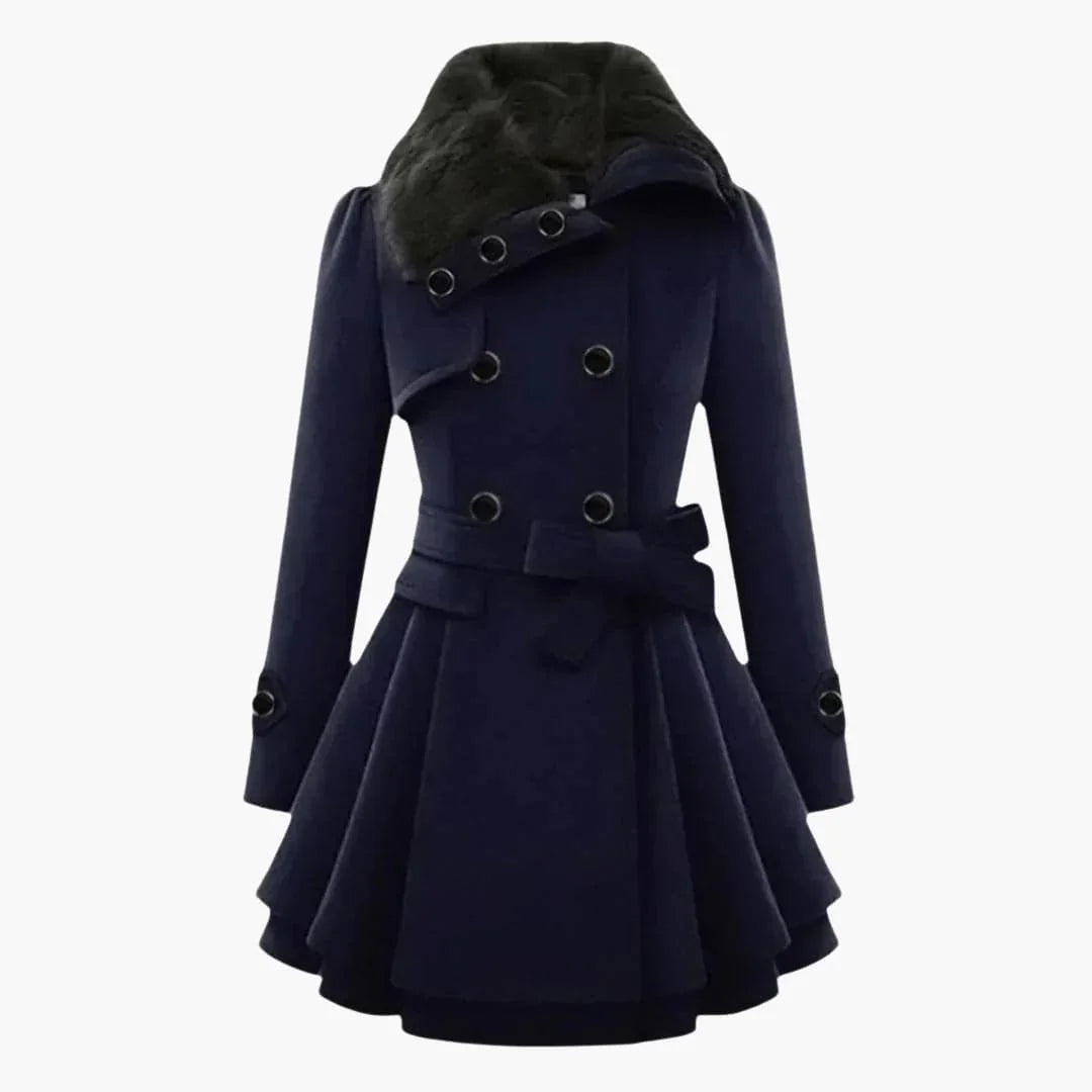 Women's Double-Breasted Winter Coat with Belt, Wide Collar and Flared Hem