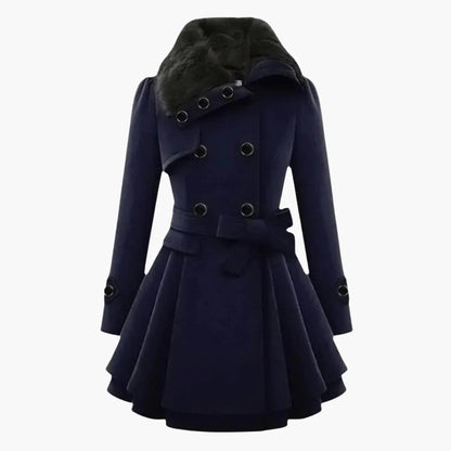 Women's Double-Breasted Winter Coat with Belt, Wide Collar and Flared Hem