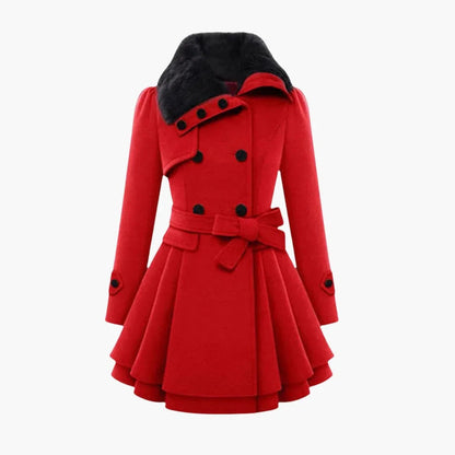 Women's Double-Breasted Winter Coat with Belt, Wide Collar and Flared Hem